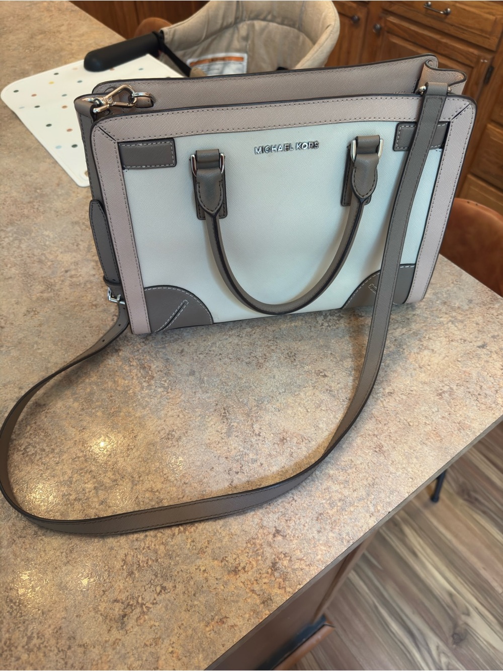 MICHAEL KORS White and Taupe Leather Satchel with Crossbody Strap